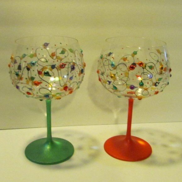 set of 2 painted wine glasses Christmas string lights Smithereens - Picture 6 of 8